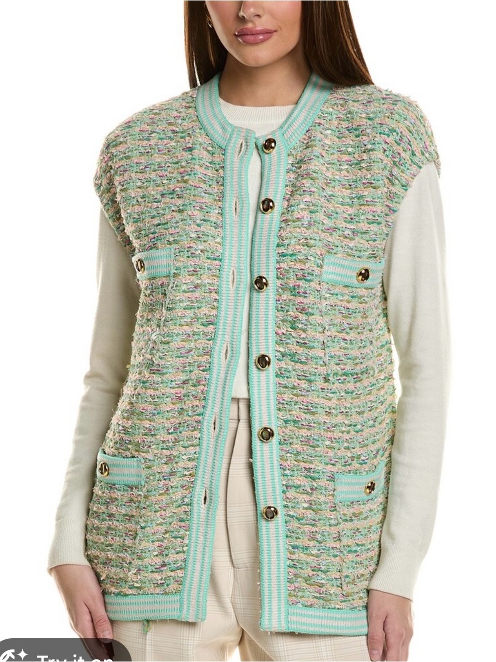 St. John Mint Green Tweed Vest Cardigan